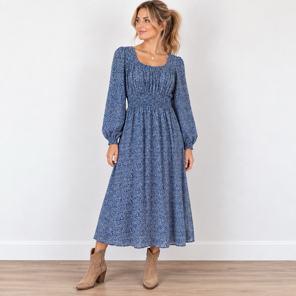 Kancy Kole Midi Floral Dress L Blue White Round Neck Cottagecore Romantic